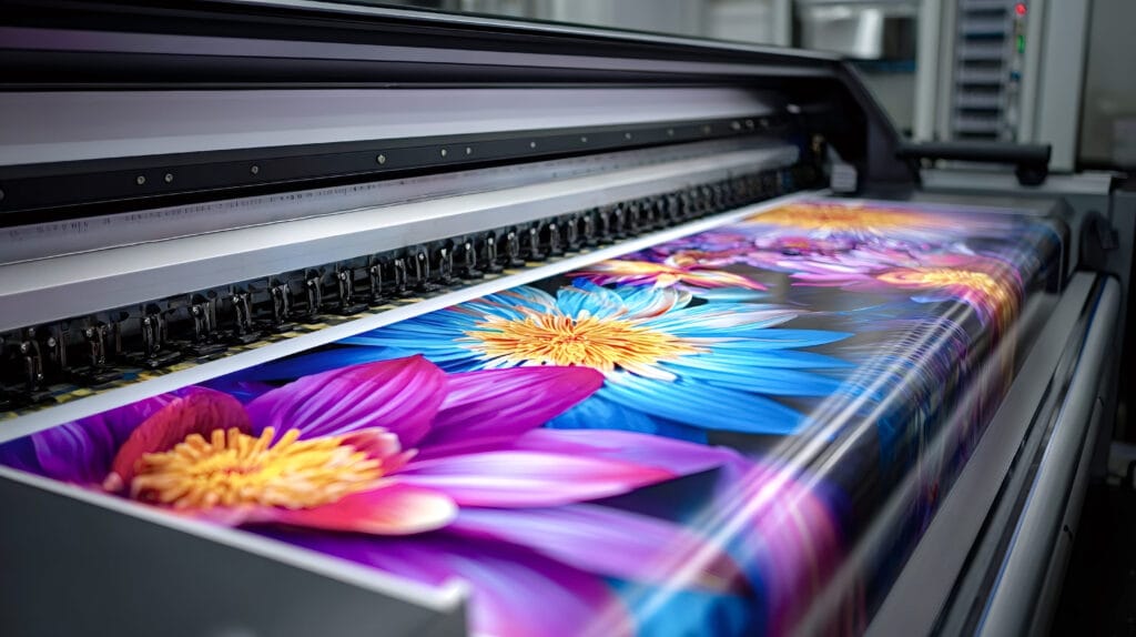 wide format printer head moving across a sheet, producing a vibrant