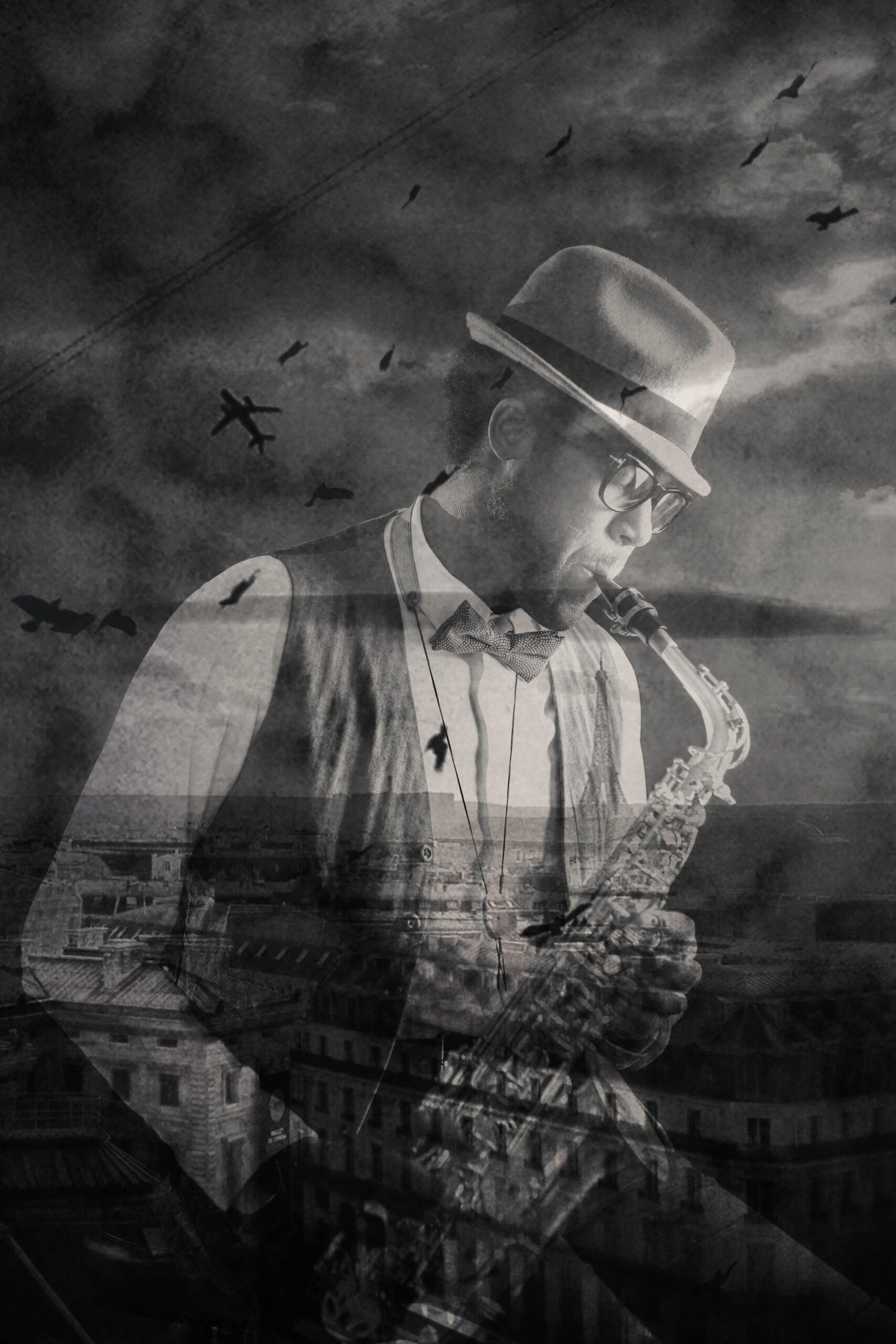 African-american jazzman playing saxophone and urban panorama with birds and plane in the sky